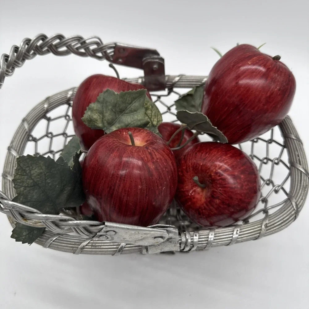 Silver Basket Woven Metal Hinged Handle Natural Patina India W/ Faux Apples